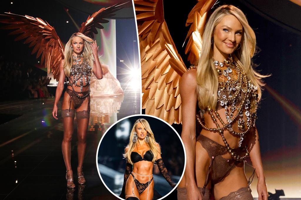 Candice Swanepoel porte des ailes dorées sur le podium du défilé Victoria’s Secret 2025